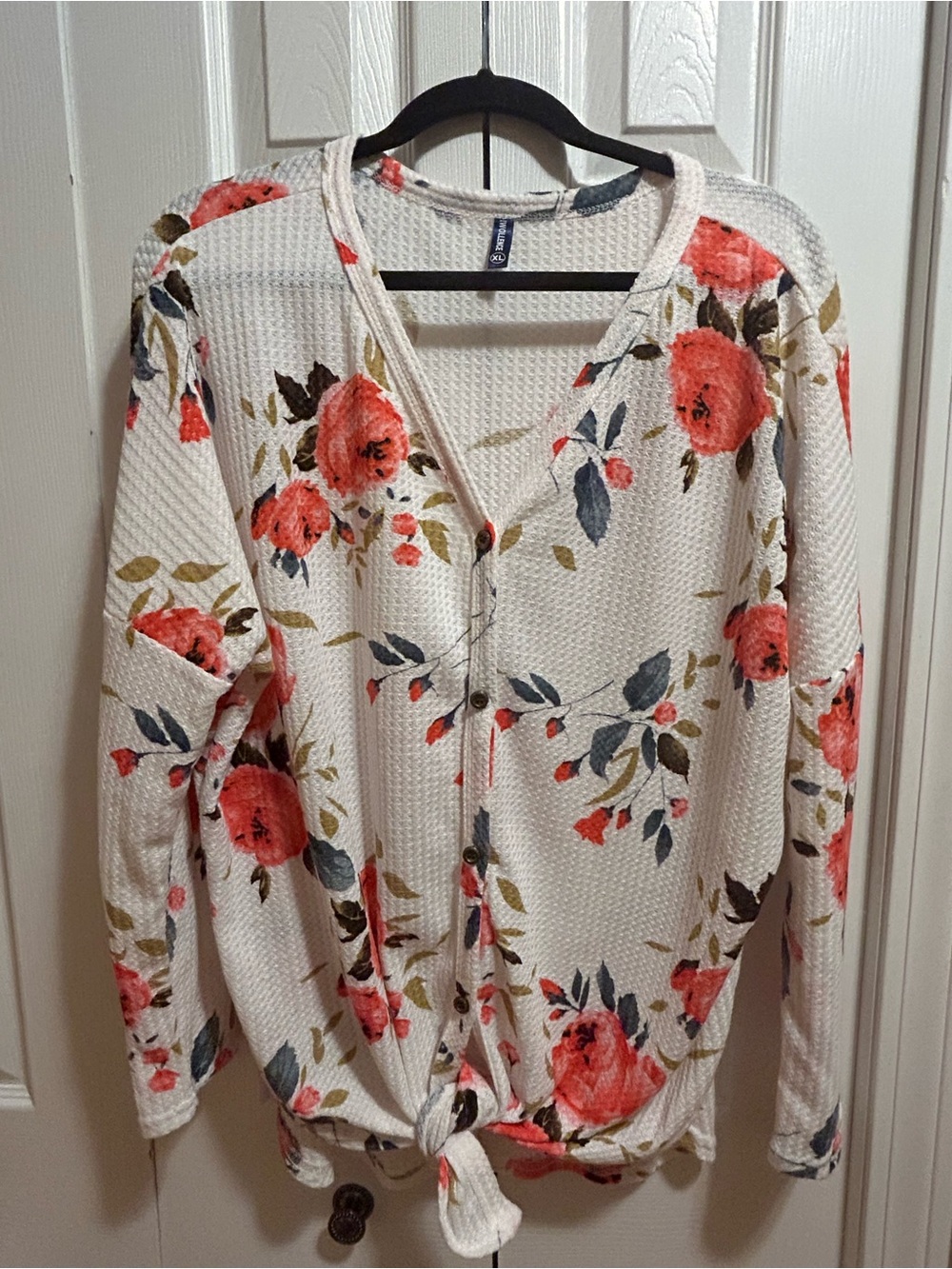Floral Tie-Front Waffle Knit Tunic- White with Coral Floral